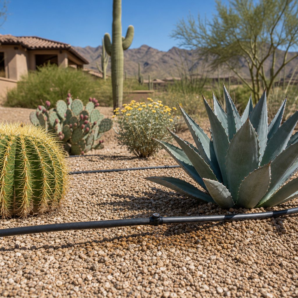 Drip irrigation serving desert plantings on a Gilbert yard