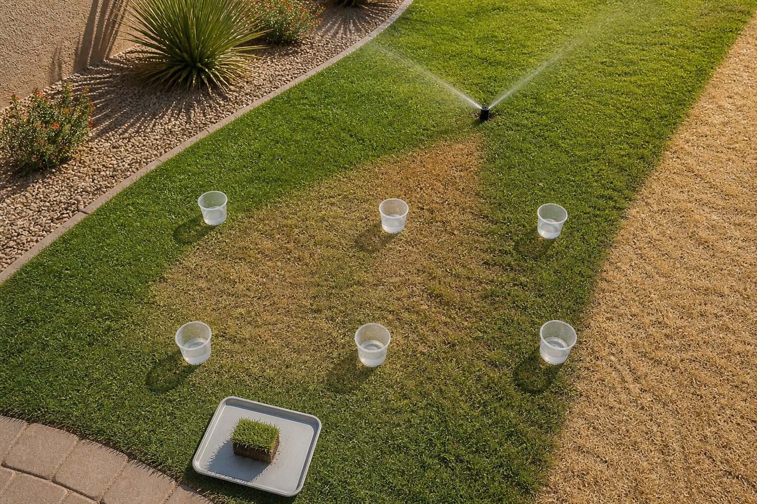 Phoenix bermudagrass lawn with catch cups testing a wedge-shaped brown irrigation pattern