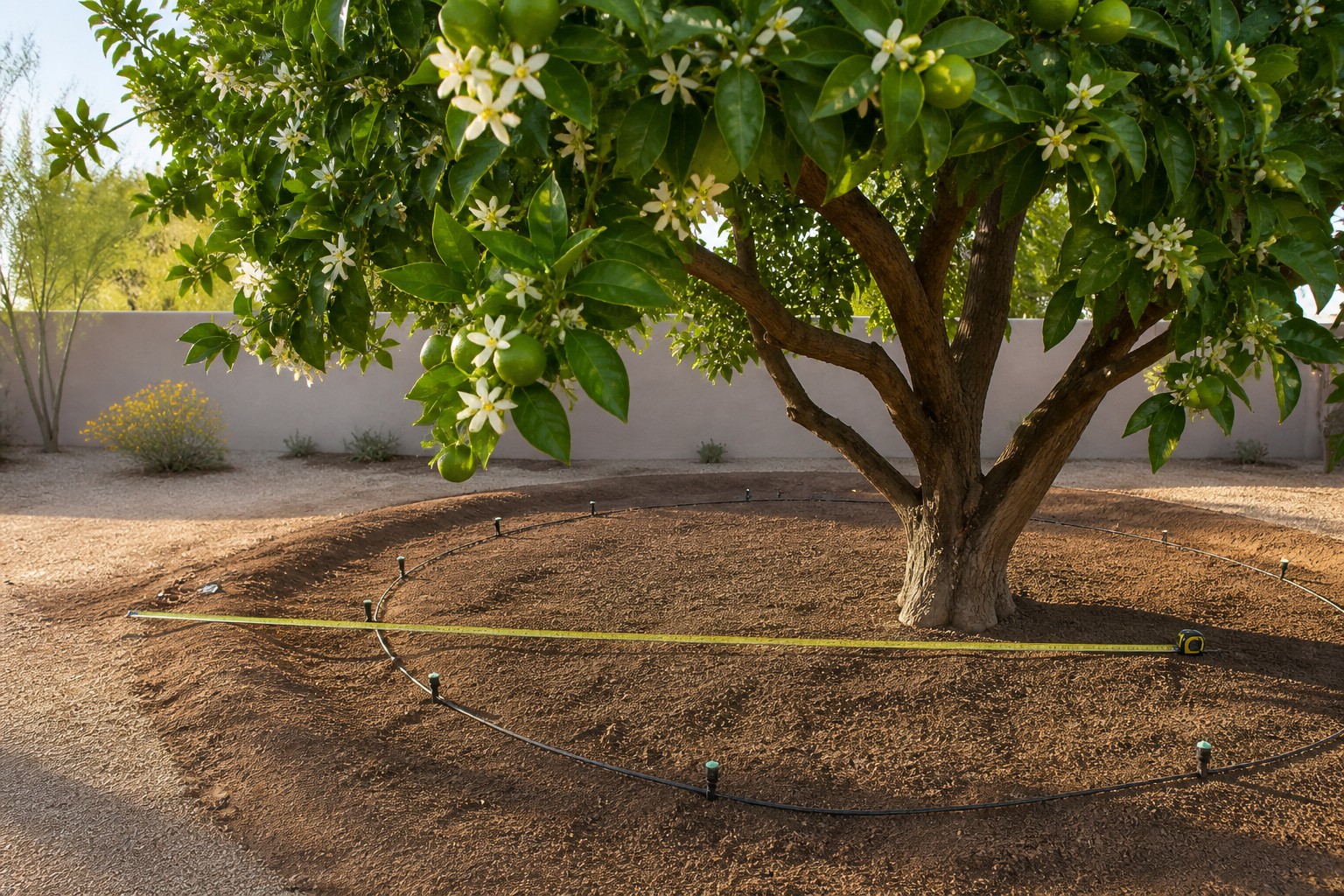 Blooming Phoenix citrus tree with canopy measurement and emitters distributed near the drip line